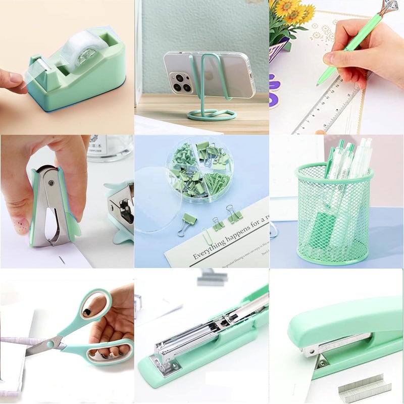 Famassi Green Office Supplies, Green Desk Accessories, Stapler, Staple Remover, Tape Holder, Pen Holder, Ballpoint Pen, Scissor, Binder Clips, 1000pcs Staples, Phone Holder, Ruler, Transparent Glue and Notes - Image 5